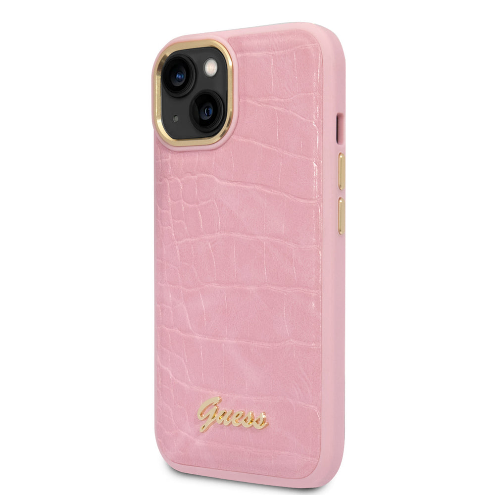 Guess iPhone 14 & 13 Hardcase Backcover - Croco - Metal Buttons & Camera - Roze-Hoesjes-Ilumina Benelux