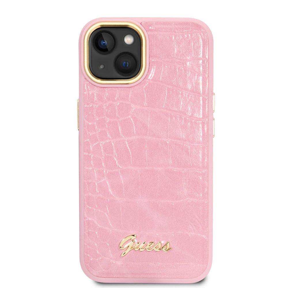 Guess iPhone 14 & 13 Hardcase Backcover - Croco - Metal Buttons & Camera - Roze-Hoesjes-Ilumina Benelux