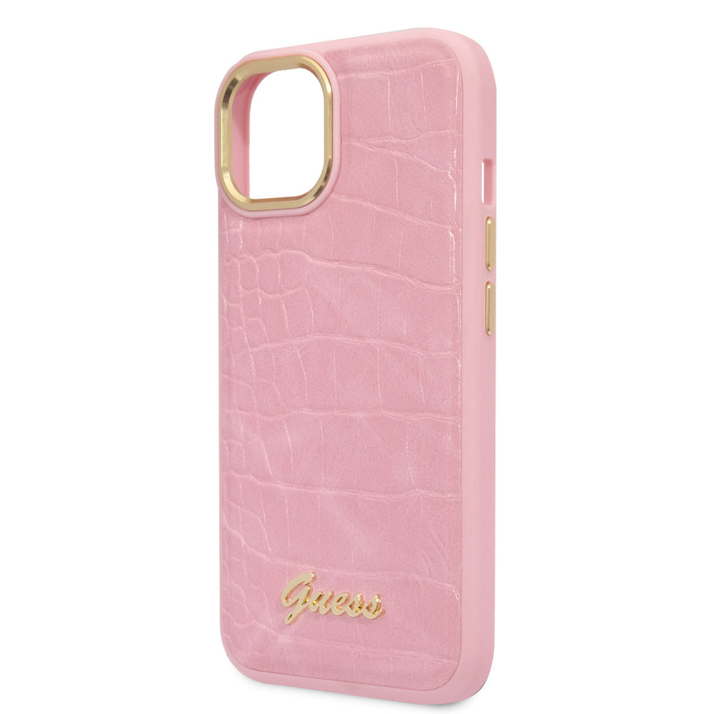 Guess iPhone 14 & 13 Hardcase Backcover - Croco - Metal Buttons & Camera - Roze-Hoesjes-Ilumina Benelux