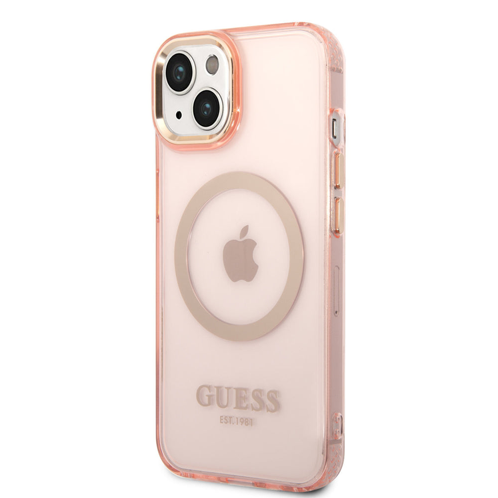 Guess iPhone 14 & 13 Hardcase Backcover - Gold Buttons & Camera - Magsafe Compatible - Doorzichtig - Roze-Hoesjes-Ilumina Benelux