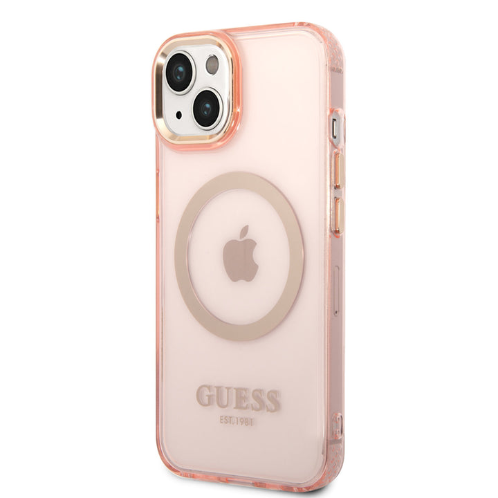 Guess iPhone 14 & 13 Hardcase Backcover - Gold Buttons & Camera - Magsafe Compatible - Doorzichtig - Roze-Hoesjes-Ilumina Benelux
