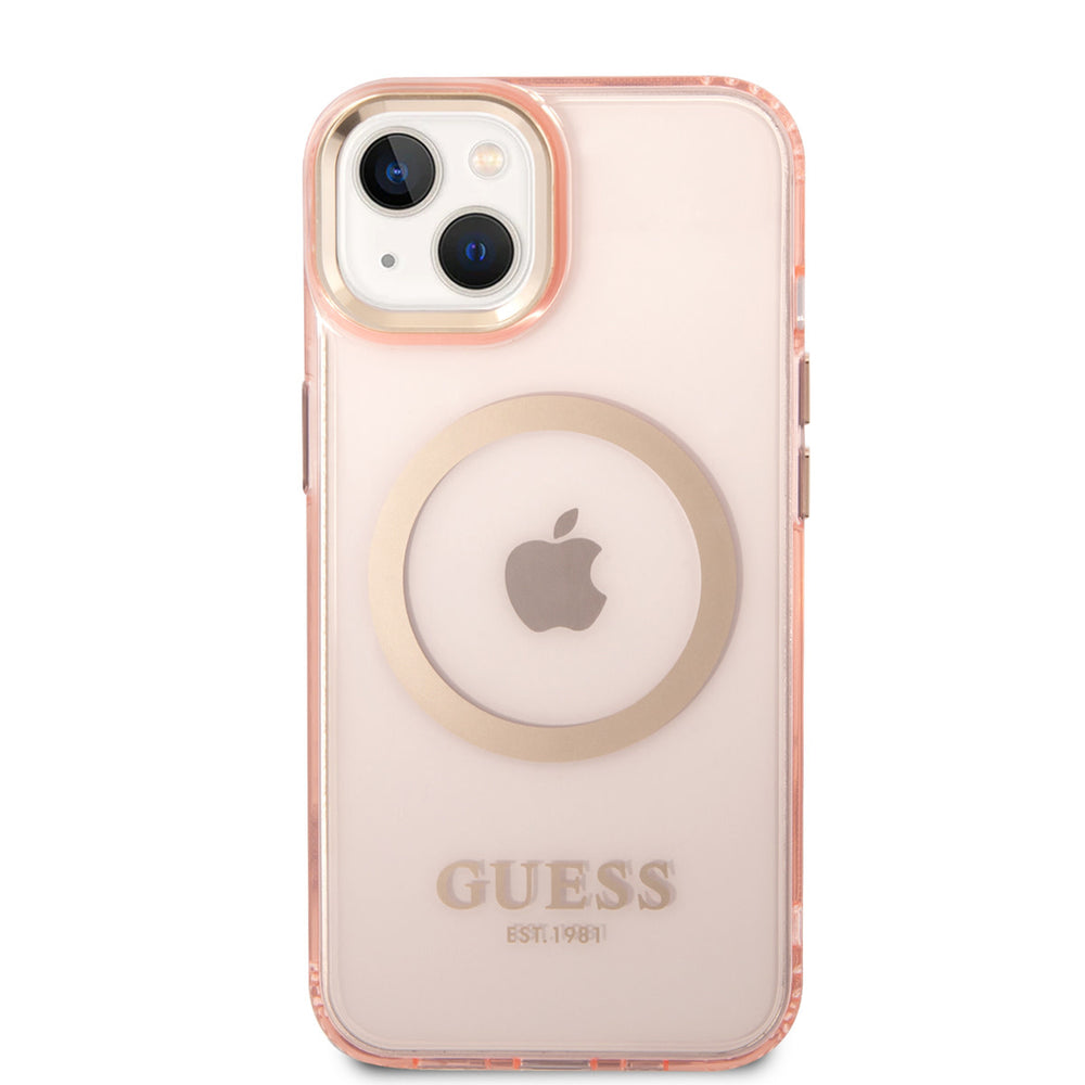 Guess iPhone 14 & 13 Hardcase Backcover - Gold Buttons & Camera - Magsafe Compatible - Doorzichtig - Roze-Hoesjes-Ilumina Benelux