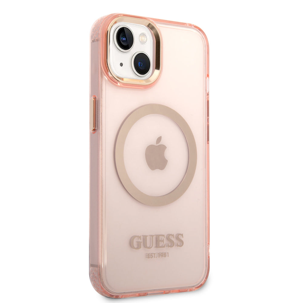 Guess iPhone 14 & 13 Hardcase Backcover - Gold Buttons & Camera - Magsafe Compatible - Doorzichtig - Roze-Hoesjes-Ilumina Benelux