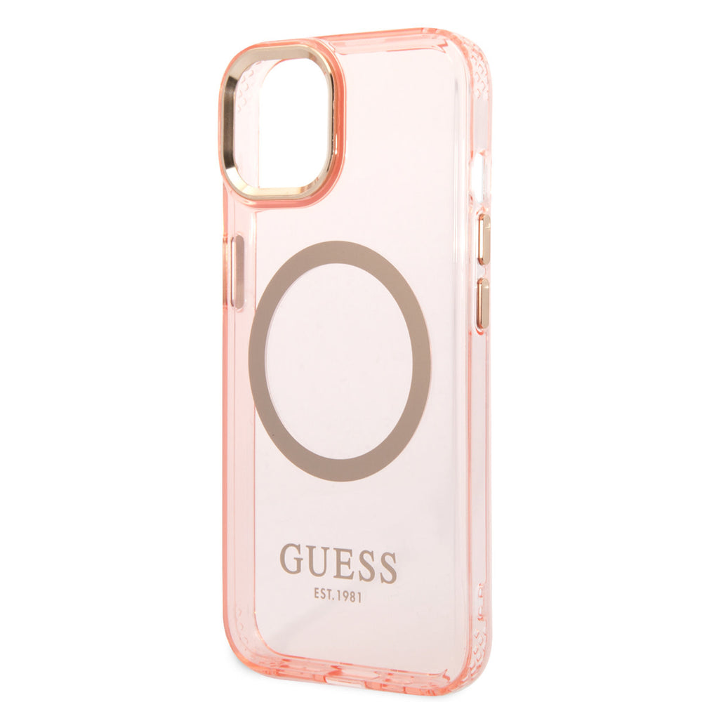 Guess iPhone 14 & 13 Hardcase Backcover - Gold Buttons & Camera - Magsafe Compatible - Doorzichtig - Roze-Hoesjes-Ilumina Benelux