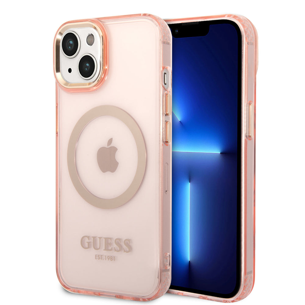 Guess iPhone 14 & 13 Hardcase Backcover - Gold Buttons & Camera - Magsafe Compatible - Doorzichtig - Roze-Hoesjes-Ilumina Benelux
