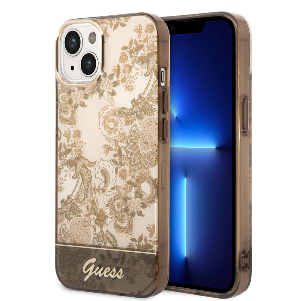 Guess iPhone 14 & 13 Hardcase Backcover - Porselein Collectie - Bruin-Hoesjes-Ilumina Benelux
