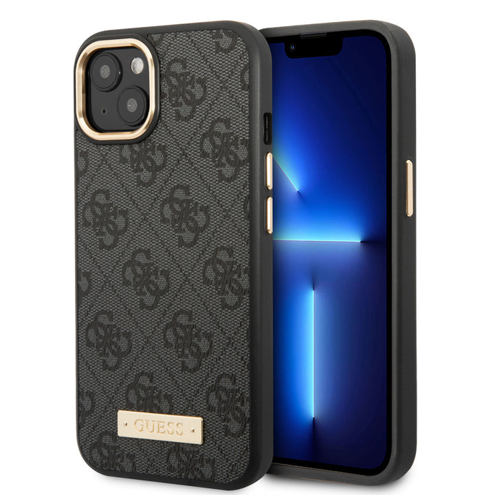 Guess iPhone 14 & 15 Plus Hardcase Backcover - 4G - Gold Camera & Buttons - Magsafe Compatible - Grijs-Hoesjes-Ilumina Benelux