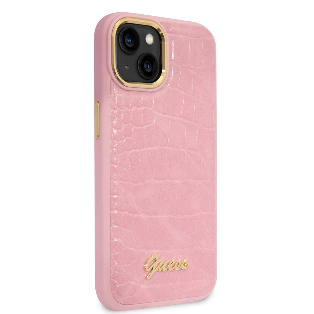 Guess iPhone 14 & 15 Plus Hardcase Backcover - Croco - Metal Buttons & Camera - Roze-Hoesjes-Ilumina Benelux