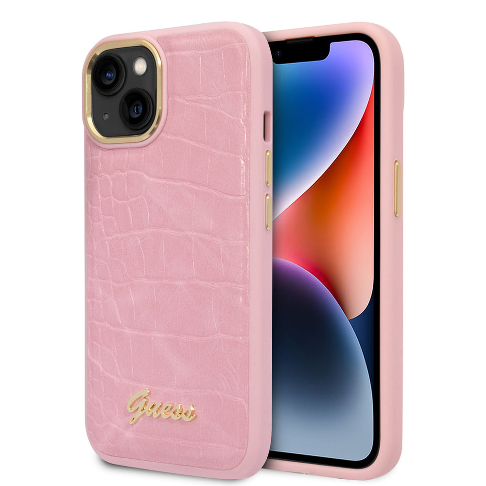 Guess iPhone 14 & 15 Plus Hardcase Backcover - Croco - Metal Buttons & Camera - Roze-Hoesjes-Ilumina Benelux
