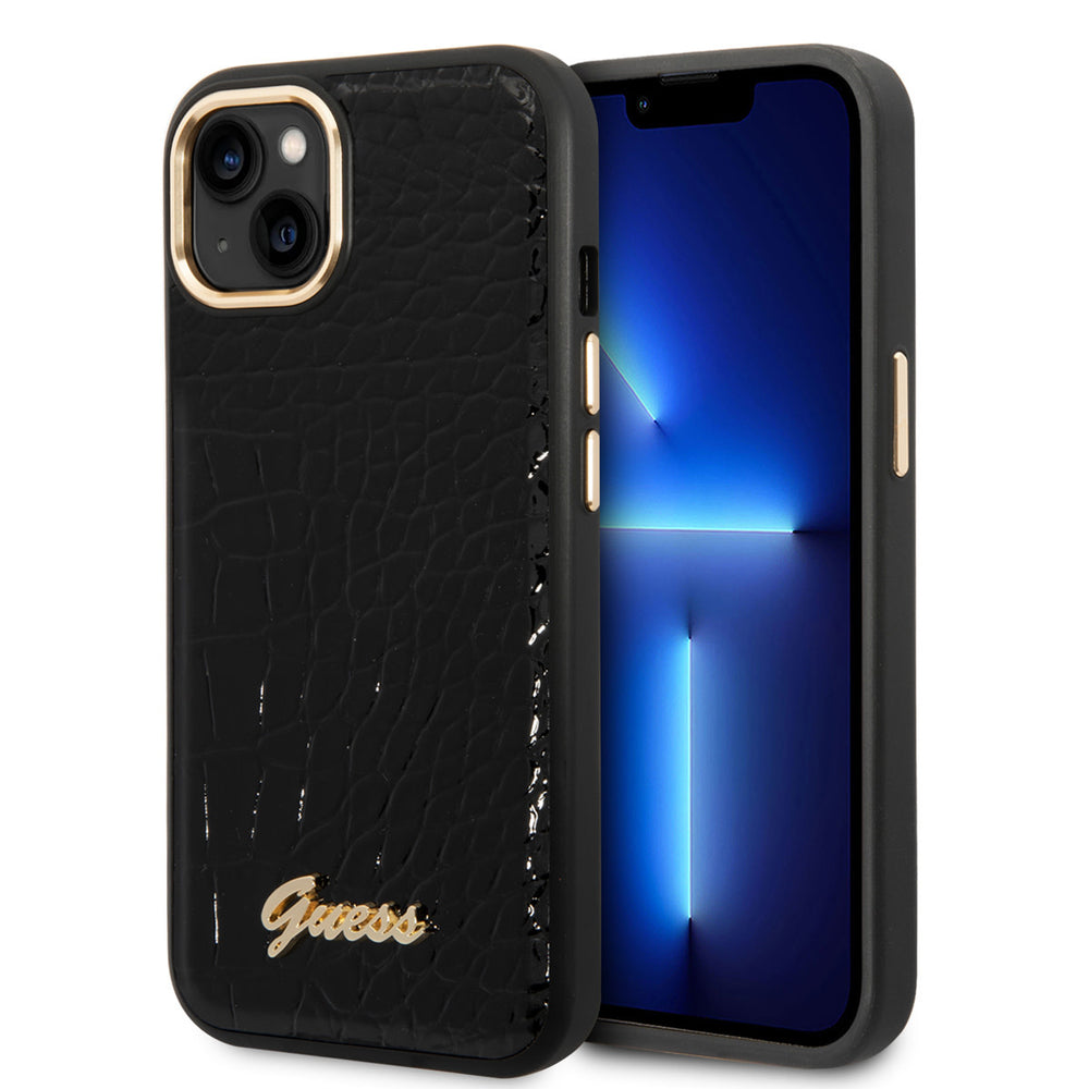 Guess iPhone 14 & 15 Plus Hardcase Backcover - Croco - Metal Buttons & Camera - Zwart-Hoesjes-Ilumina Benelux