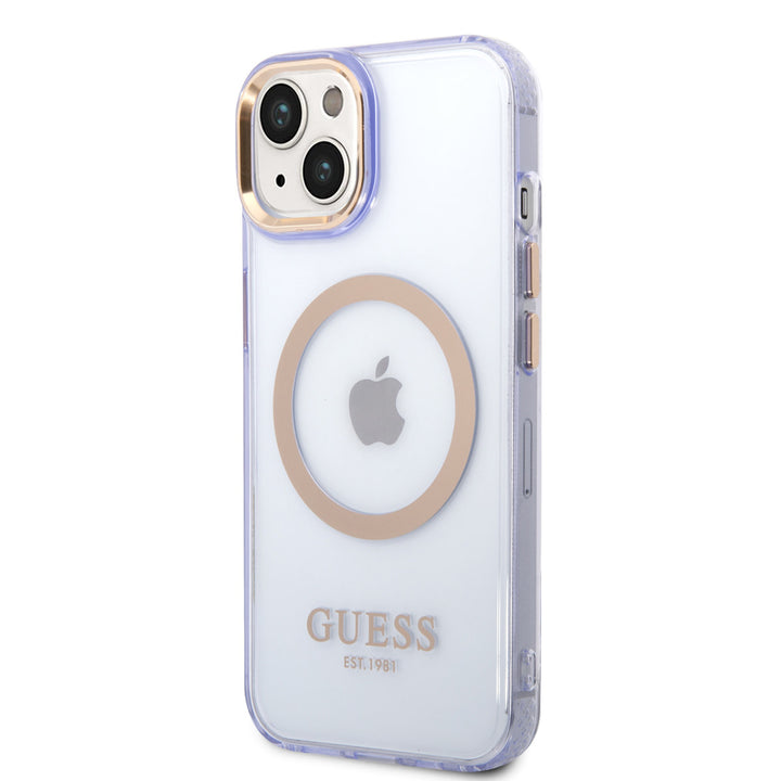 Guess iPhone 14 & 15 Plus Hardcase Backcover - Gold Buttons & Camera - Magsafe Compatible - Doorzichtig - Paars-Hoesjes-Ilumina Benelux