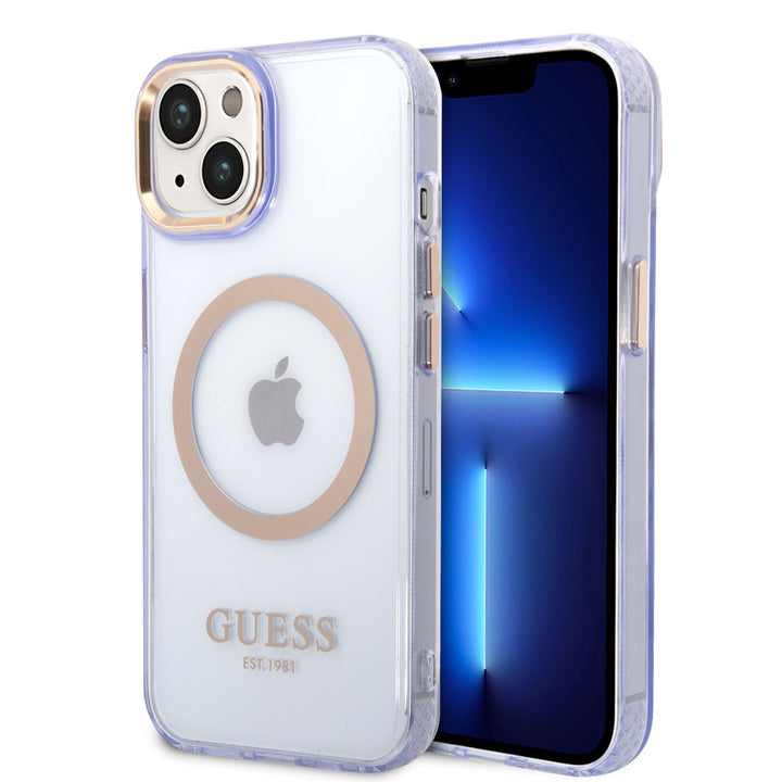 Guess iPhone 14 & 15 Plus Hardcase Backcover - Gold Buttons & Camera - Magsafe Compatible - Doorzichtig - Paars-Hoesjes-Ilumina Benelux