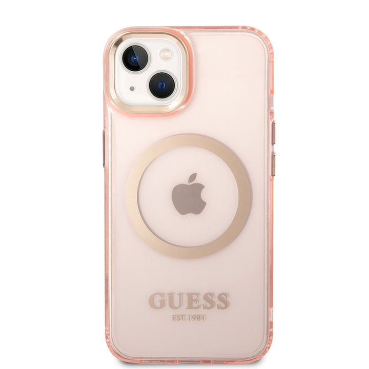 Guess iPhone 14 & 15 Plus Hardcase Backcover - Gold Buttons & Camera - Magsafe Compatible - Doorzichtig - Roze-Hoesjes-Ilumina Benelux