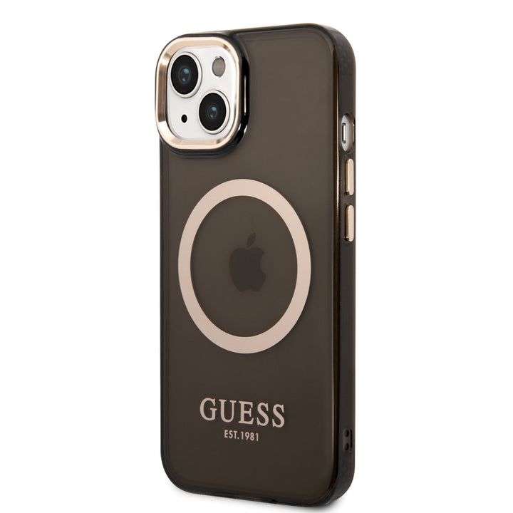 Guess iPhone 14 & 15 Plus Hardcase Backcover - Gold Buttons & Camera - Magsafe Compatible - Doorzichtig - Zwart-Hoesjes-Ilumina Benelux
