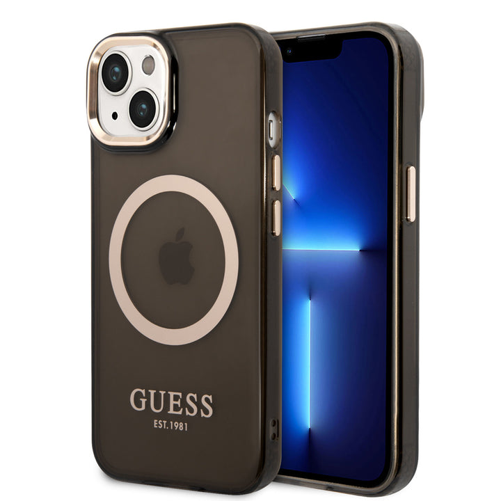Guess iPhone 14 & 15 Plus Hardcase Backcover - Gold Buttons & Camera - Magsafe Compatible - Doorzichtig - Zwart-Hoesjes-Ilumina Benelux