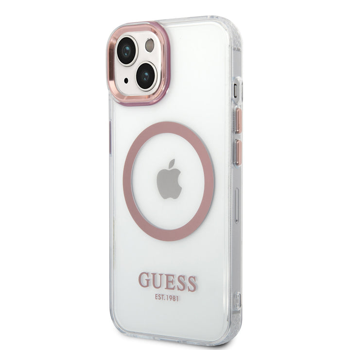 Guess iPhone 14 & 15 Plus Hardcase Backcover - Pink Camera & Buttons - Magsafe Compatible - Transparant-Hoesjes-Ilumina Benelux