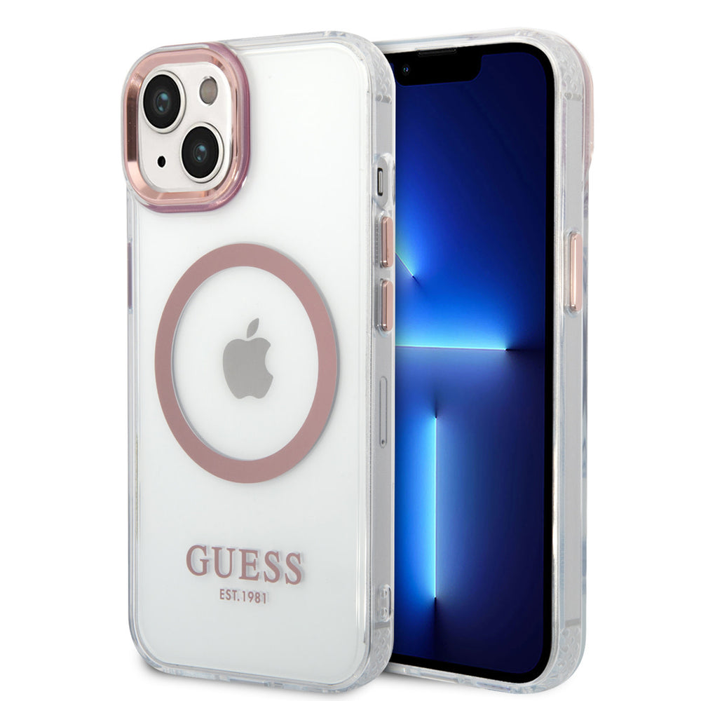 Guess iPhone 14 & 15 Plus Hardcase Backcover - Pink Camera & Buttons - Magsafe Compatible - Transparant-Hoesjes-Ilumina Benelux