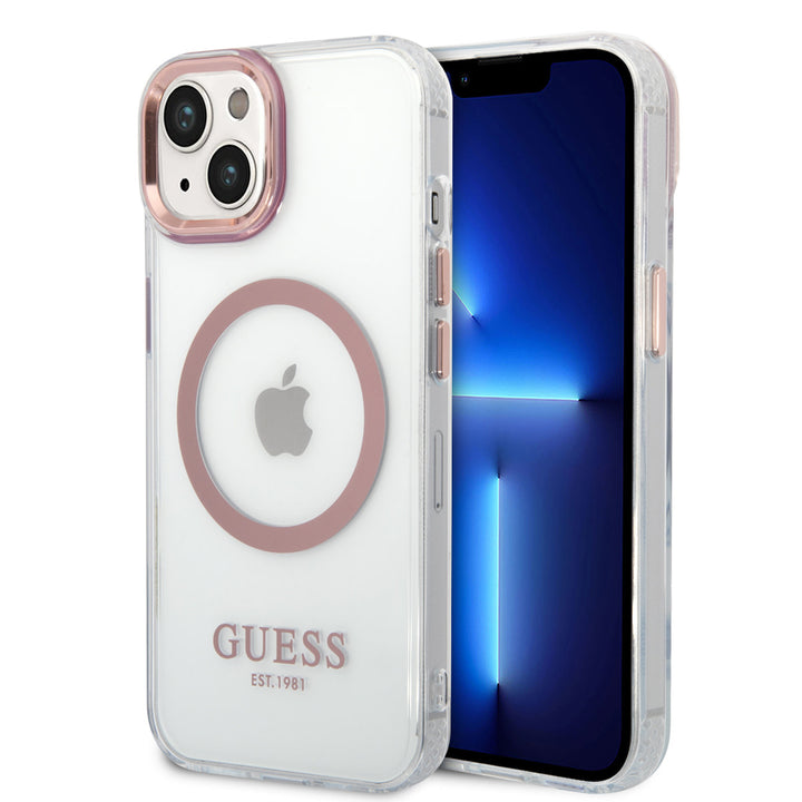 Guess iPhone 14 & 15 Plus Hardcase Backcover - Pink Camera & Buttons - Magsafe Compatible - Transparant-Hoesjes-Ilumina Benelux