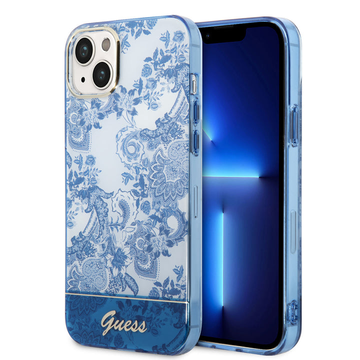 Guess iPhone 14 & 15 Plus Hardcase Backcover - Porselein Collectie - Blauw-Hoesjes-Ilumina Benelux