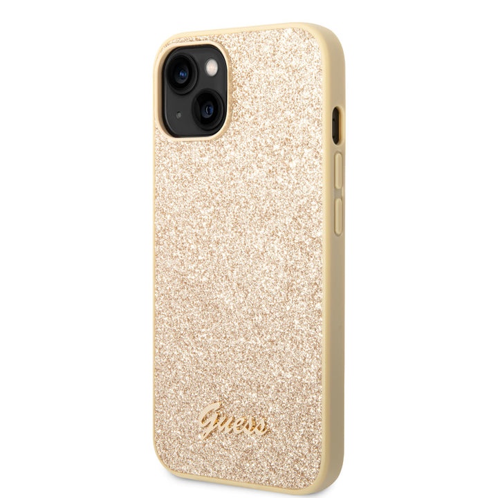 Guess iPhone 14 Plus & 15 Plus Backcover hoesje - Fixed Glitter - Script Metal Logo - Goud-Hoesjes-Ilumina Benelux