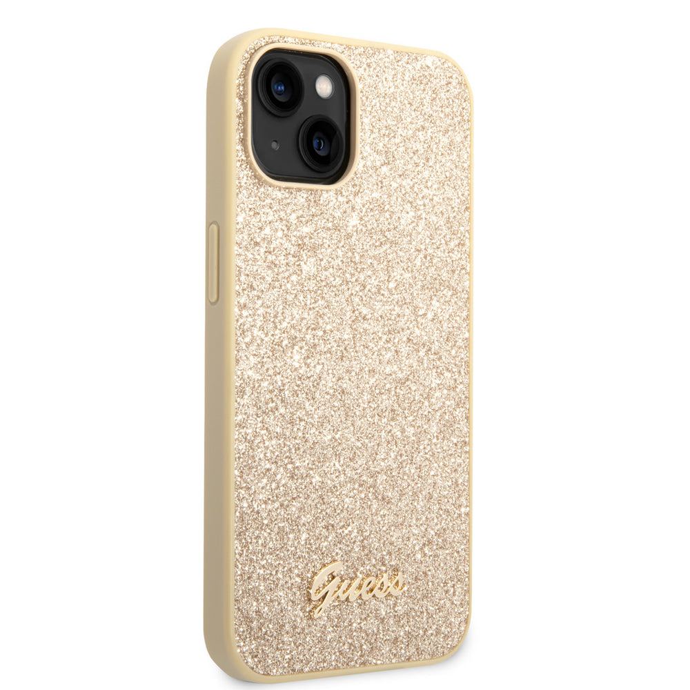 Guess iPhone 14 Plus & 15 Plus Backcover hoesje - Fixed Glitter - Script Metal Logo - Goud-Hoesjes-Ilumina Benelux