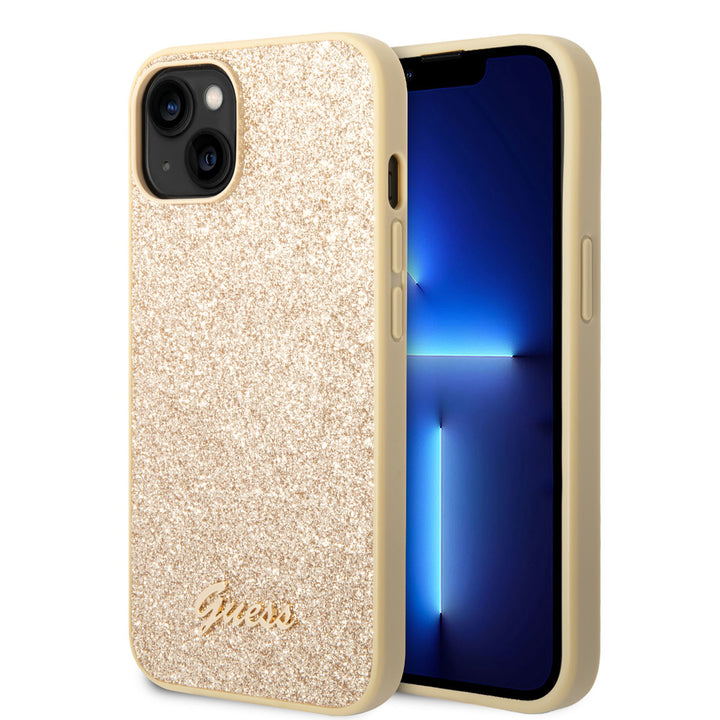 Guess iPhone 14 Plus & 15 Plus Backcover hoesje - Fixed Glitter - Script Metal Logo - Goud-Hoesjes-Ilumina Benelux