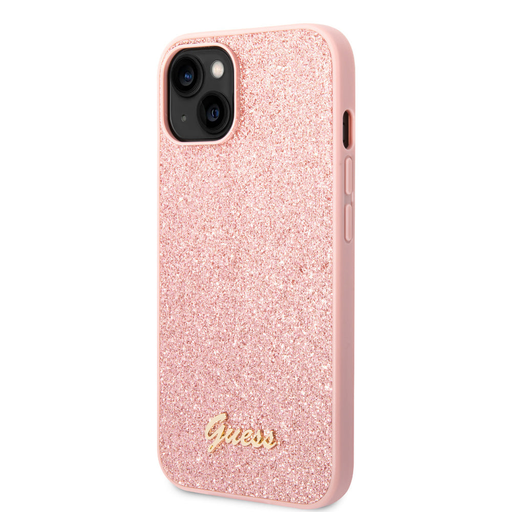 Guess iPhone 14 Plus & 15 Plus Backcover hoesje - Fixed Glitter - Script Metal Logo - Roze-Hoesjes-Ilumina Benelux