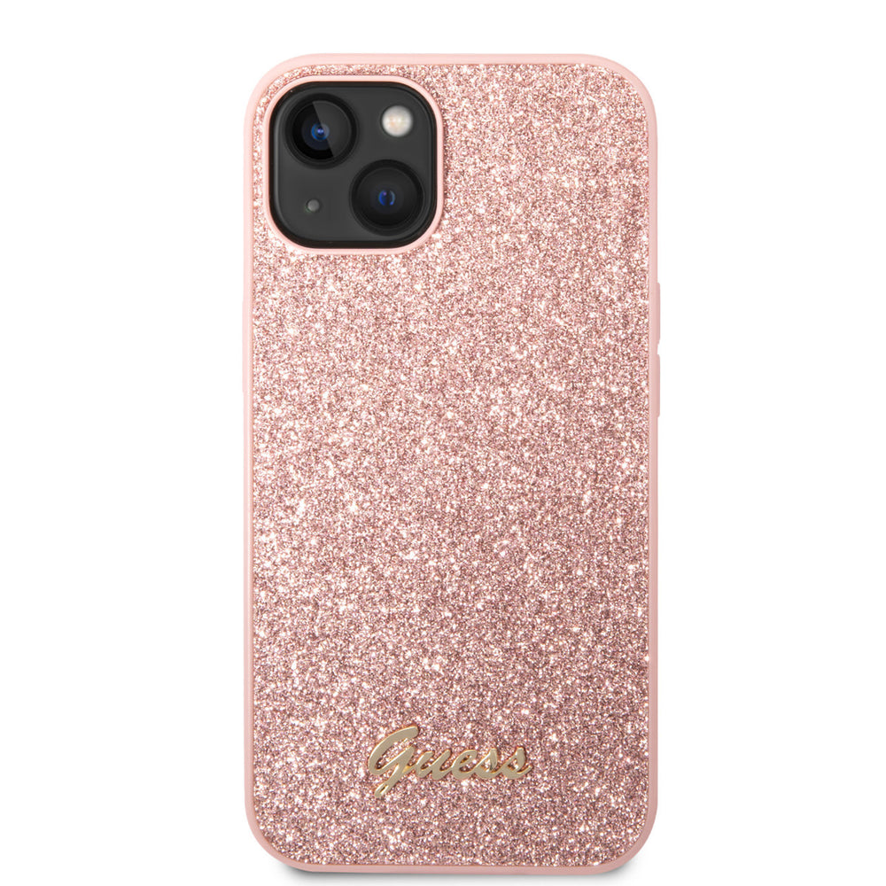 Guess iPhone 14 Plus & 15 Plus Backcover hoesje - Fixed Glitter - Script Metal Logo - Roze-Hoesjes-Ilumina Benelux