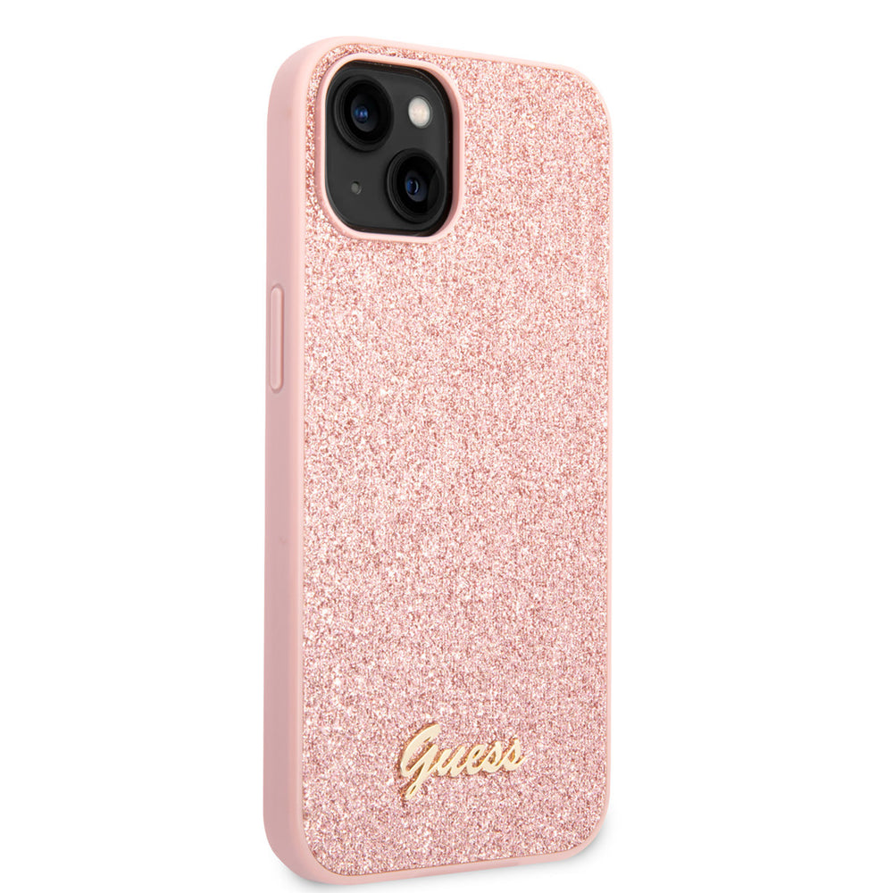 Guess iPhone 14 Plus & 15 Plus Backcover hoesje - Fixed Glitter - Script Metal Logo - Roze-Hoesjes-Ilumina Benelux