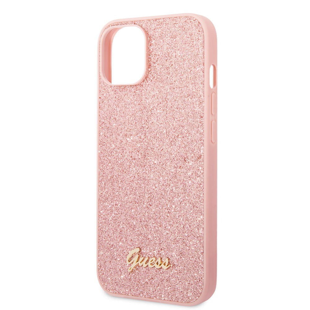Guess iPhone 14 Plus & 15 Plus Backcover hoesje - Fixed Glitter - Script Metal Logo - Roze-Hoesjes-Ilumina Benelux