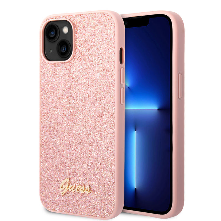 Guess iPhone 14 Plus & 15 Plus Backcover hoesje - Fixed Glitter - Script Metal Logo - Roze-Hoesjes-Ilumina Benelux