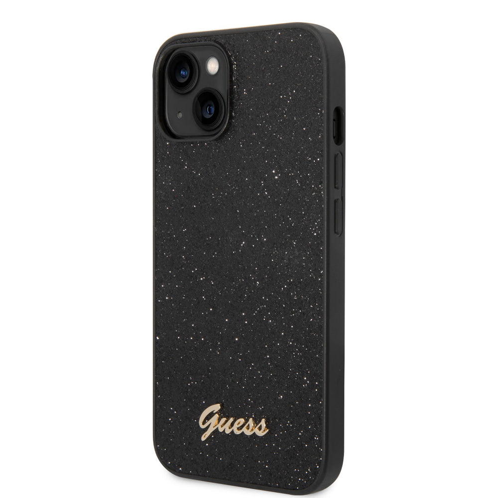 Guess iPhone 14 Plus & 15 Plus Backcover hoesje - Fixed Glitter - Script Metal Logo - Zwart-Hoesjes-Ilumina Benelux