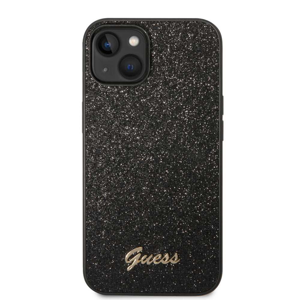 Guess iPhone 14 Plus & 15 Plus Backcover hoesje - Fixed Glitter - Script Metal Logo - Zwart-Hoesjes-Ilumina Benelux