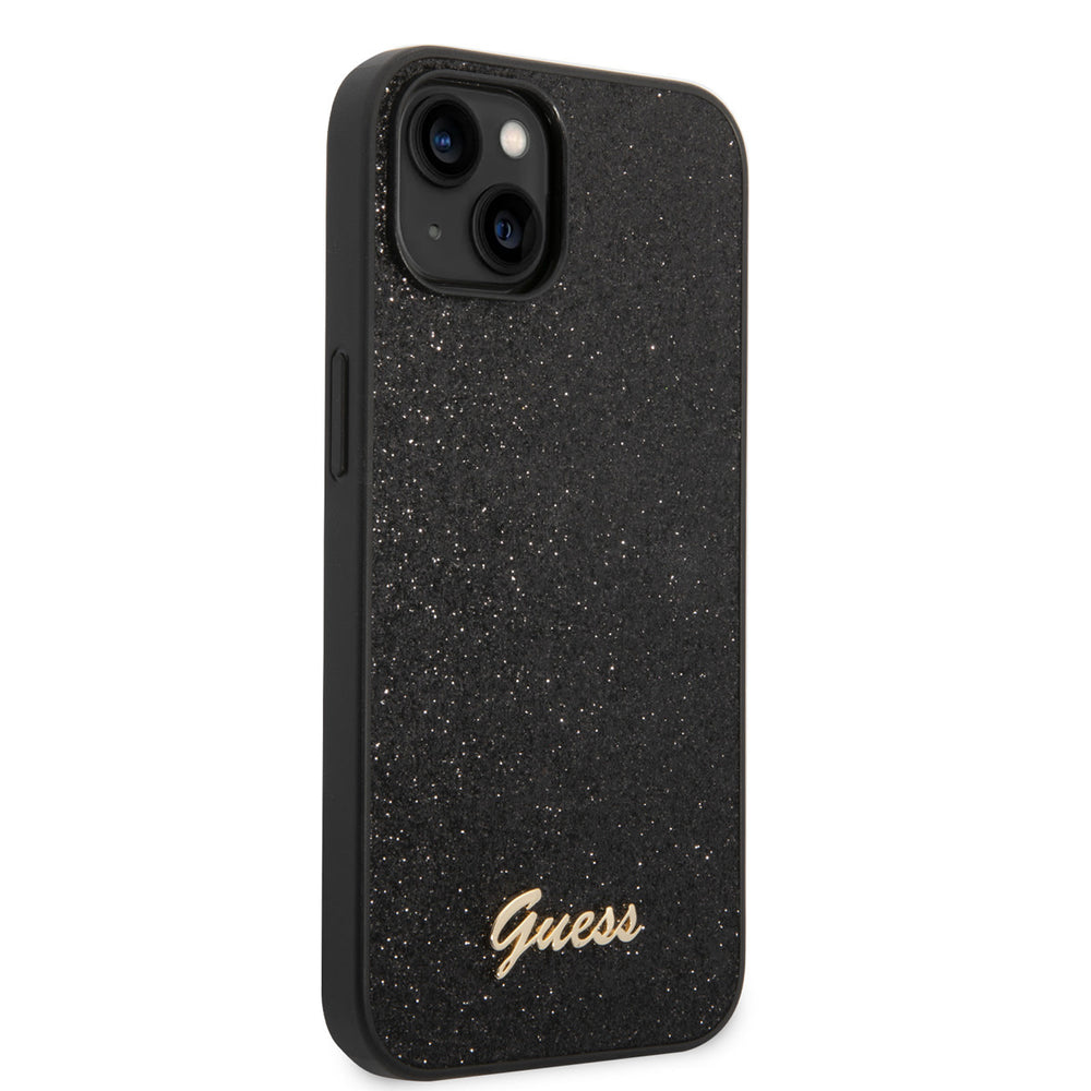 Guess iPhone 14 Plus & 15 Plus Backcover hoesje - Fixed Glitter - Script Metal Logo - Zwart-Hoesjes-Ilumina Benelux