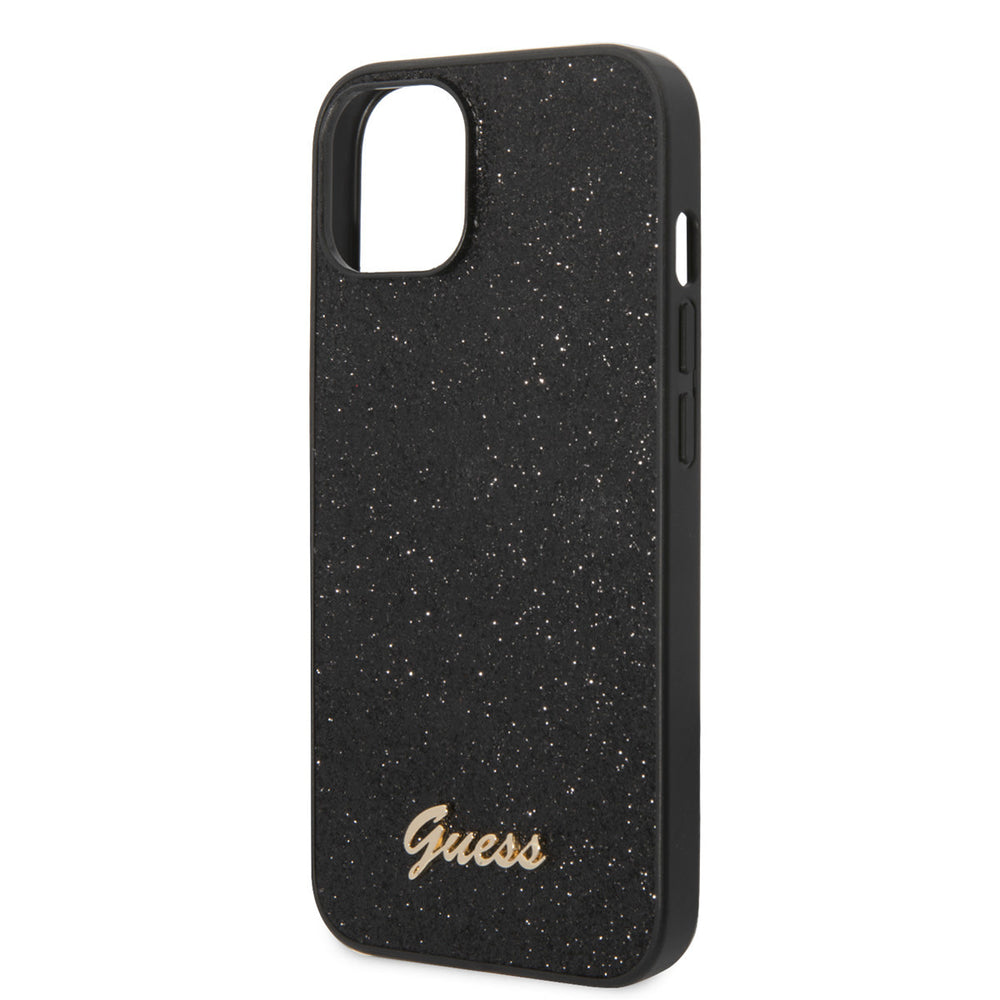 Guess iPhone 14 Plus & 15 Plus Backcover hoesje - Fixed Glitter - Script Metal Logo - Zwart-Hoesjes-Ilumina Benelux