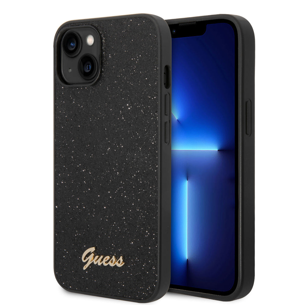 Guess iPhone 14 Plus & 15 Plus Backcover hoesje - Fixed Glitter - Script Metal Logo - Zwart-Hoesjes-Ilumina Benelux