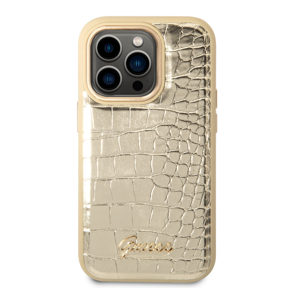 Guess iPhone 14 Pro Hardcase Backcover - Croco - Metal Buttons & Camera - Goud-Hoesjes-Ilumina Benelux