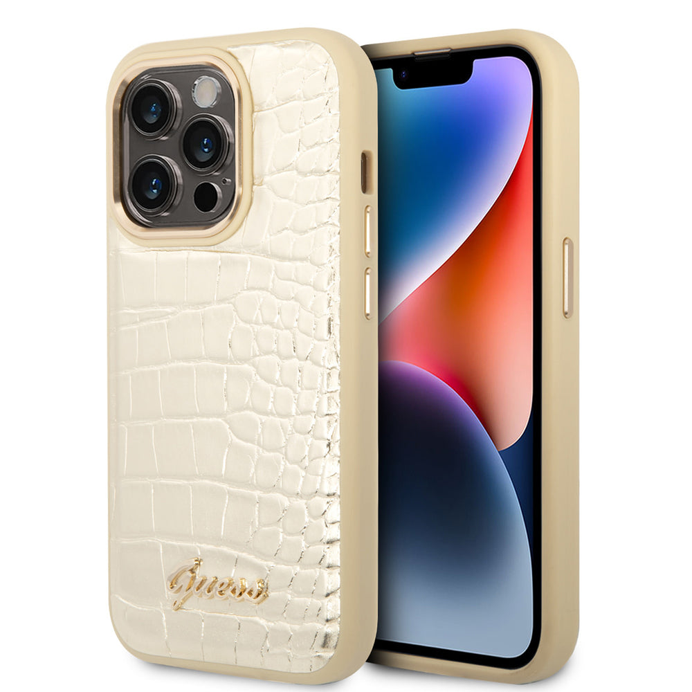 Guess iPhone 14 Pro Hardcase Backcover - Croco - Metal Buttons & Camera - Goud-Hoesjes-Ilumina Benelux