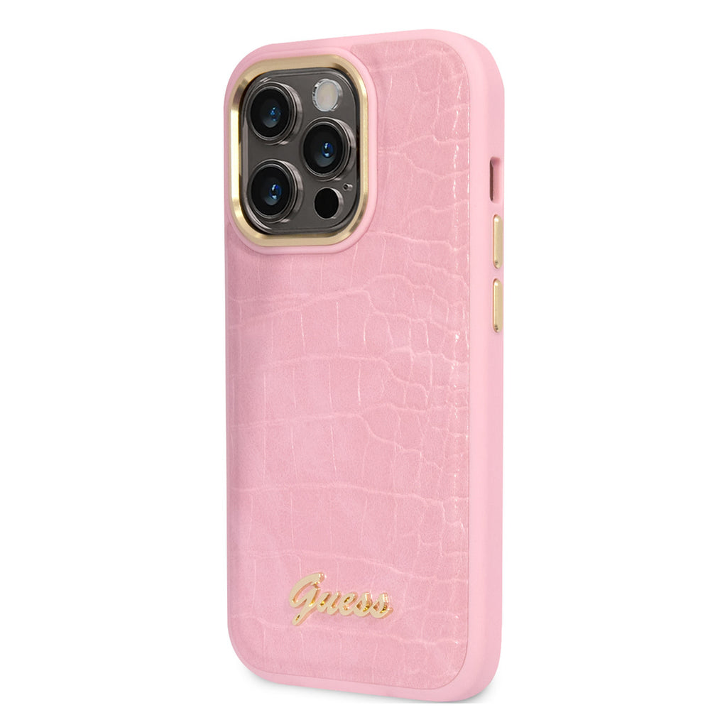 Guess iPhone 14 Pro Hardcase Backcover - Croco - Metal Buttons & Camera - Roze-Hoesjes-Ilumina Benelux