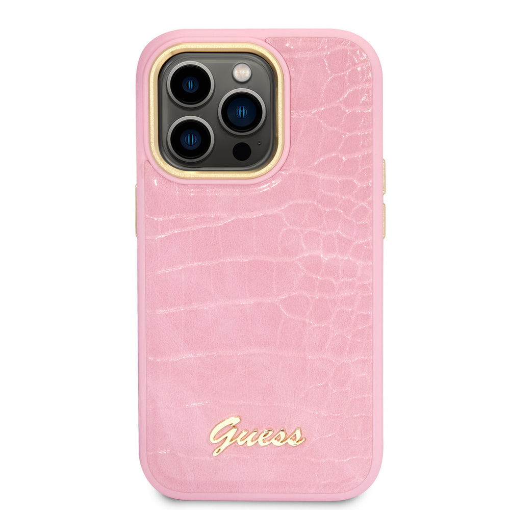 Guess iPhone 14 Pro Hardcase Backcover - Croco - Metal Buttons & Camera - Roze-Hoesjes-Ilumina Benelux