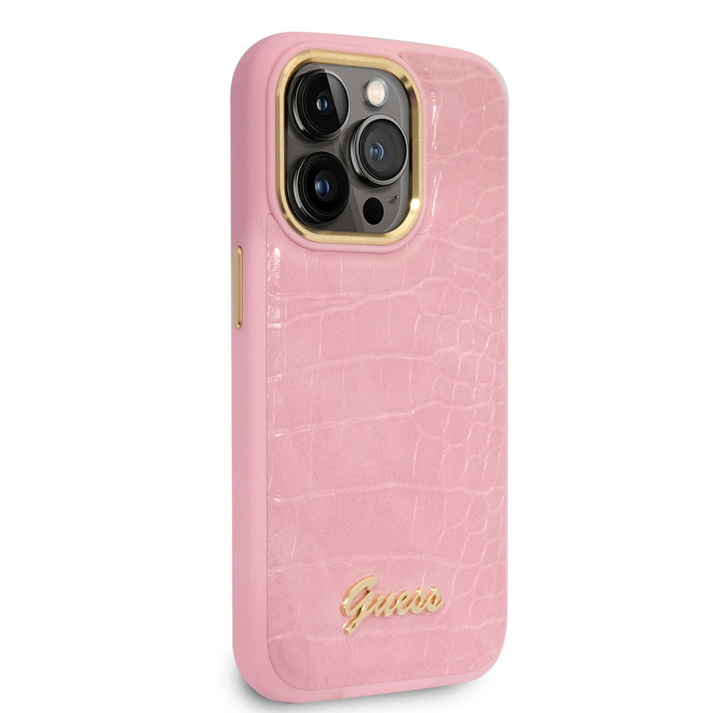 Guess iPhone 14 Pro Hardcase Backcover - Croco - Metal Buttons & Camera - Roze-Hoesjes-Ilumina Benelux