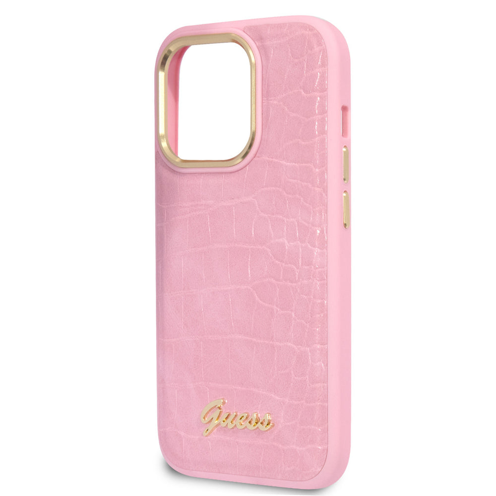 Guess iPhone 14 Pro Hardcase Backcover - Croco - Metal Buttons & Camera - Roze-Hoesjes-Ilumina Benelux