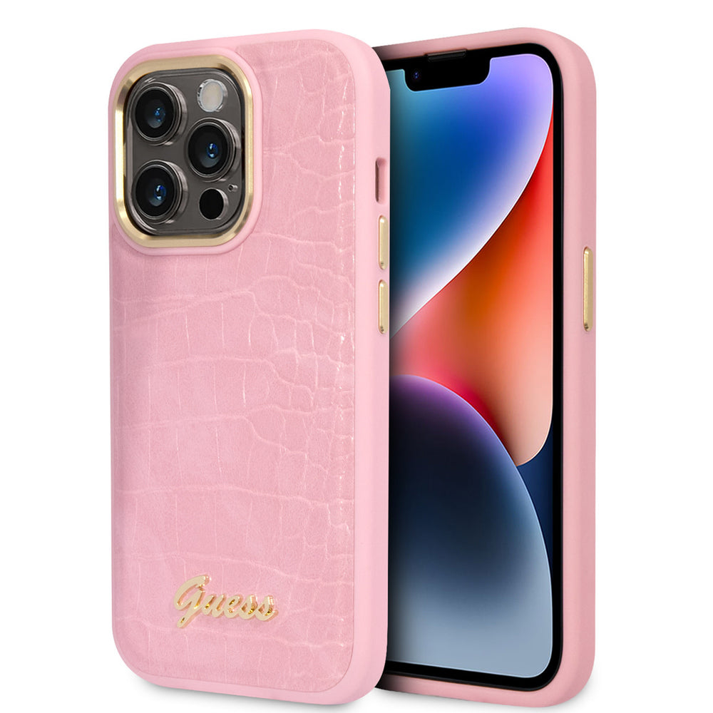 Guess iPhone 14 Pro Hardcase Backcover - Croco - Metal Buttons & Camera - Roze-Hoesjes-Ilumina Benelux
