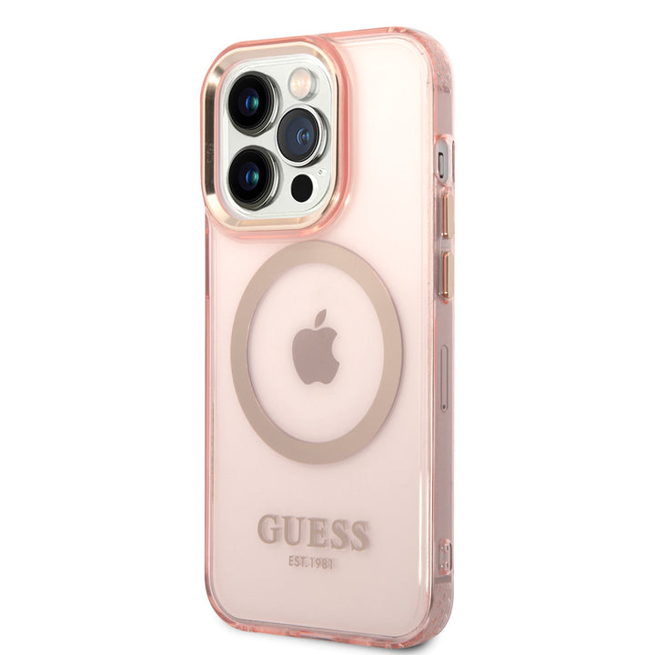 Guess iPhone 14 Pro Hardcase Backcover - Gold Buttons & Camera - Magsafe Compatible - Doorzichtig - Roze-Hoesjes-Ilumina Benelux