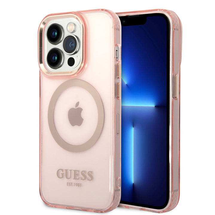 Guess iPhone 14 Pro Hardcase Backcover - Gold Buttons & Camera - Magsafe Compatible - Doorzichtig - Roze-Hoesjes-Ilumina Benelux