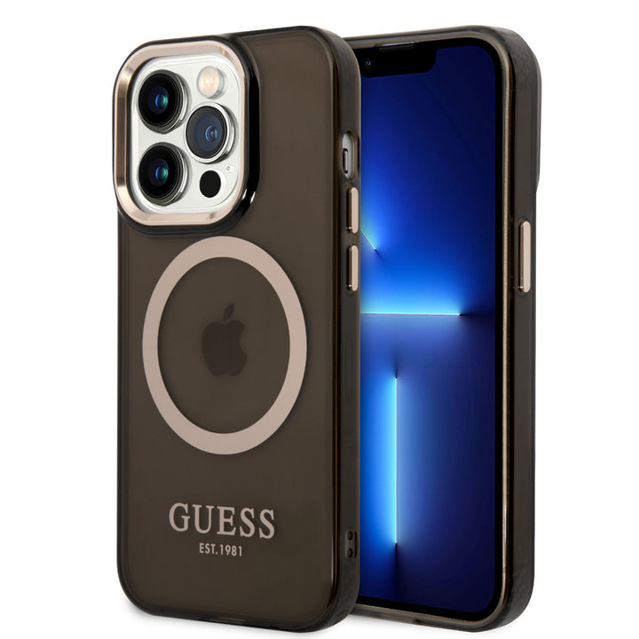Guess iPhone 14 Pro Hardcase Backcover - Gold Buttons & Camera - Magsafe Compatible - Doorzichtig - Zwart-Hoesjes-Ilumina Benelux
