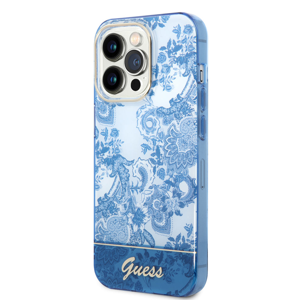 Guess iPhone 14 Pro Hardcase Backcover - Porselein Collectie - Blauw-Hoesjes-Ilumina Benelux