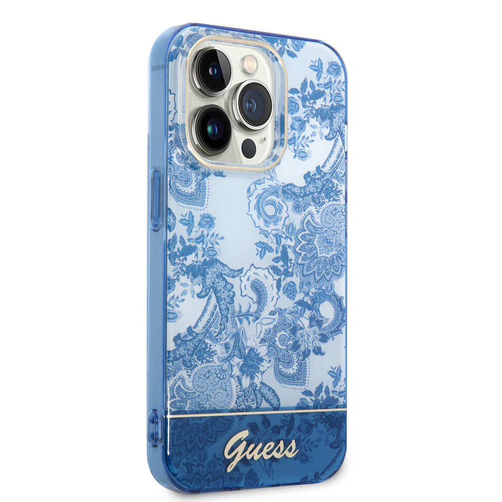 Guess iPhone 14 Pro Hardcase Backcover - Porselein Collectie - Blauw-Hoesjes-Ilumina Benelux