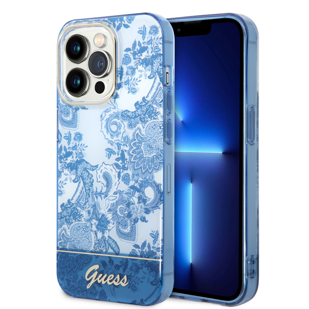 Guess iPhone 14 Pro Hardcase Backcover - Porselein Collectie - Blauw-Hoesjes-Ilumina Benelux