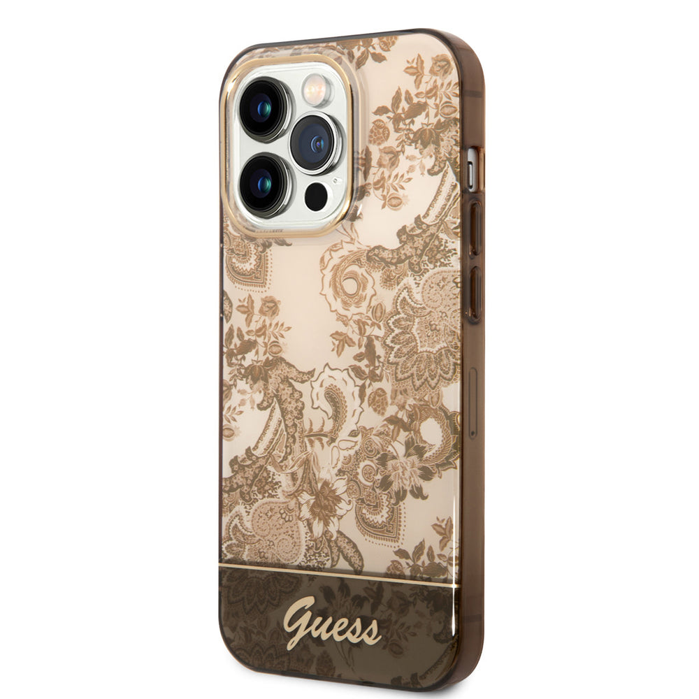 Guess iPhone 14 Pro Hardcase Backcover - Porselein Collectie - Bruin-Hoesjes-Ilumina Benelux